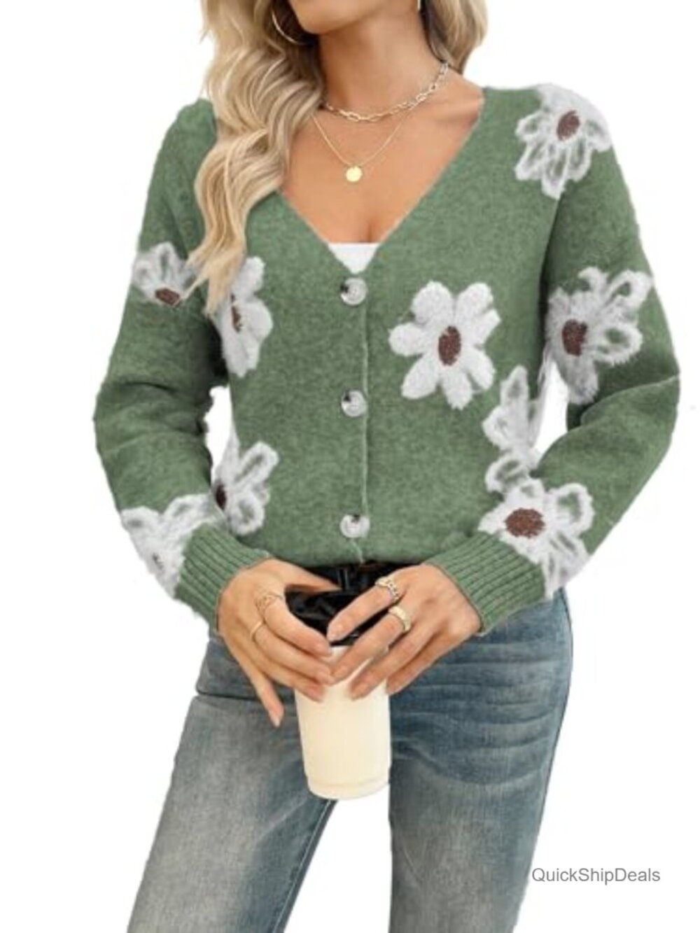 Women's Floral Knit Button-Down V-Neck Cardigan Sweater